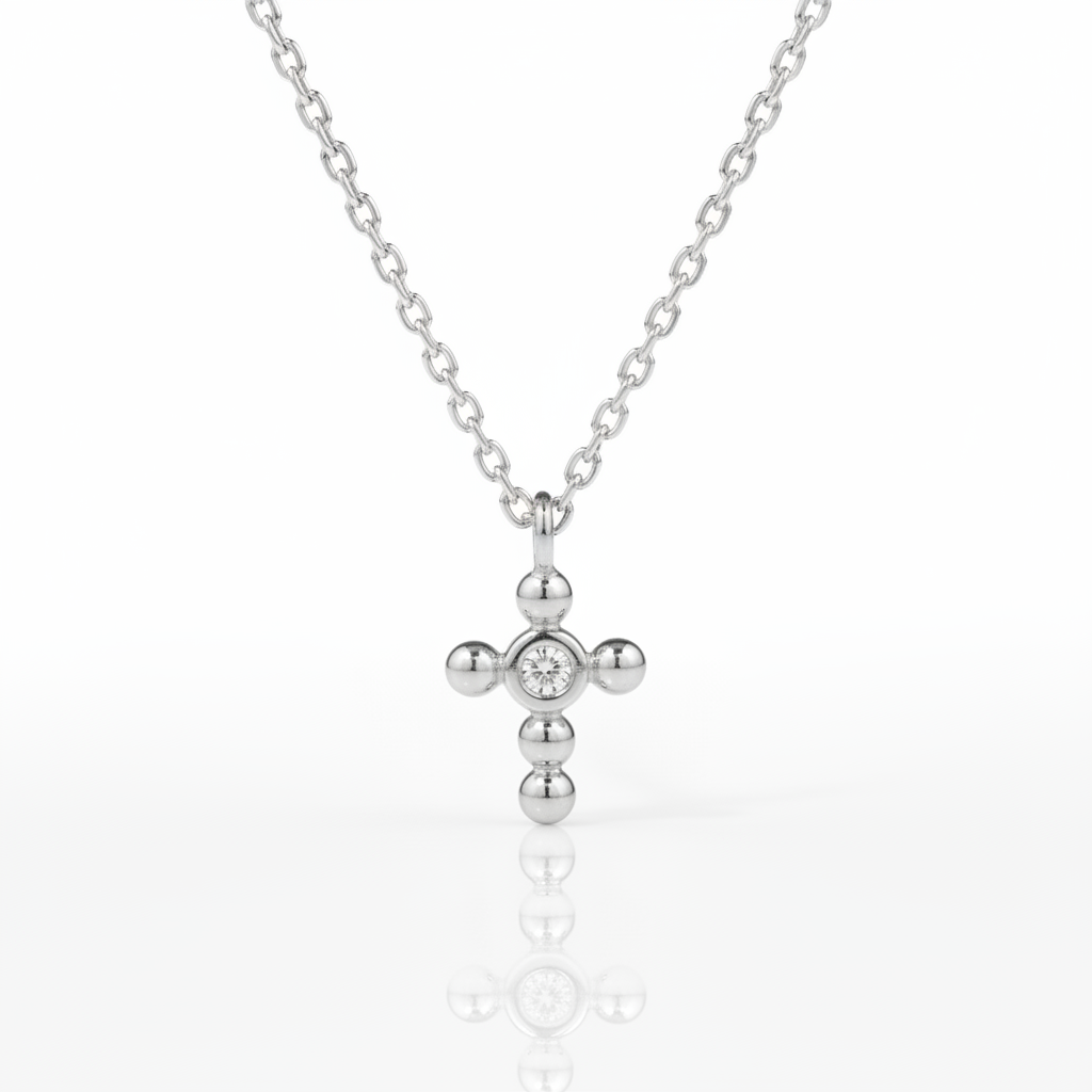 14K Solid Gold Dainty Cross Bezel Setting Diamond Necklace