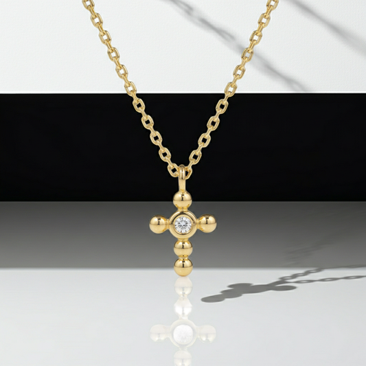 14K Solid Gold Dainty Cross Bezel Setting Diamond Necklace