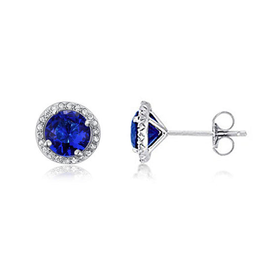 Navy Blue Created Sapphire Stud Earrings Solid Rhodium Plated 925 Sterling Silver Fine Jewelry