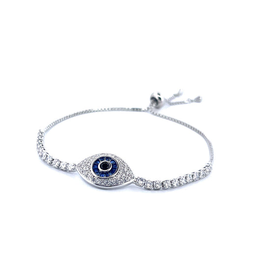 Sterling Silver 925 Evil Eye Tennis Slider Bracelet with Blue and White Moissanite