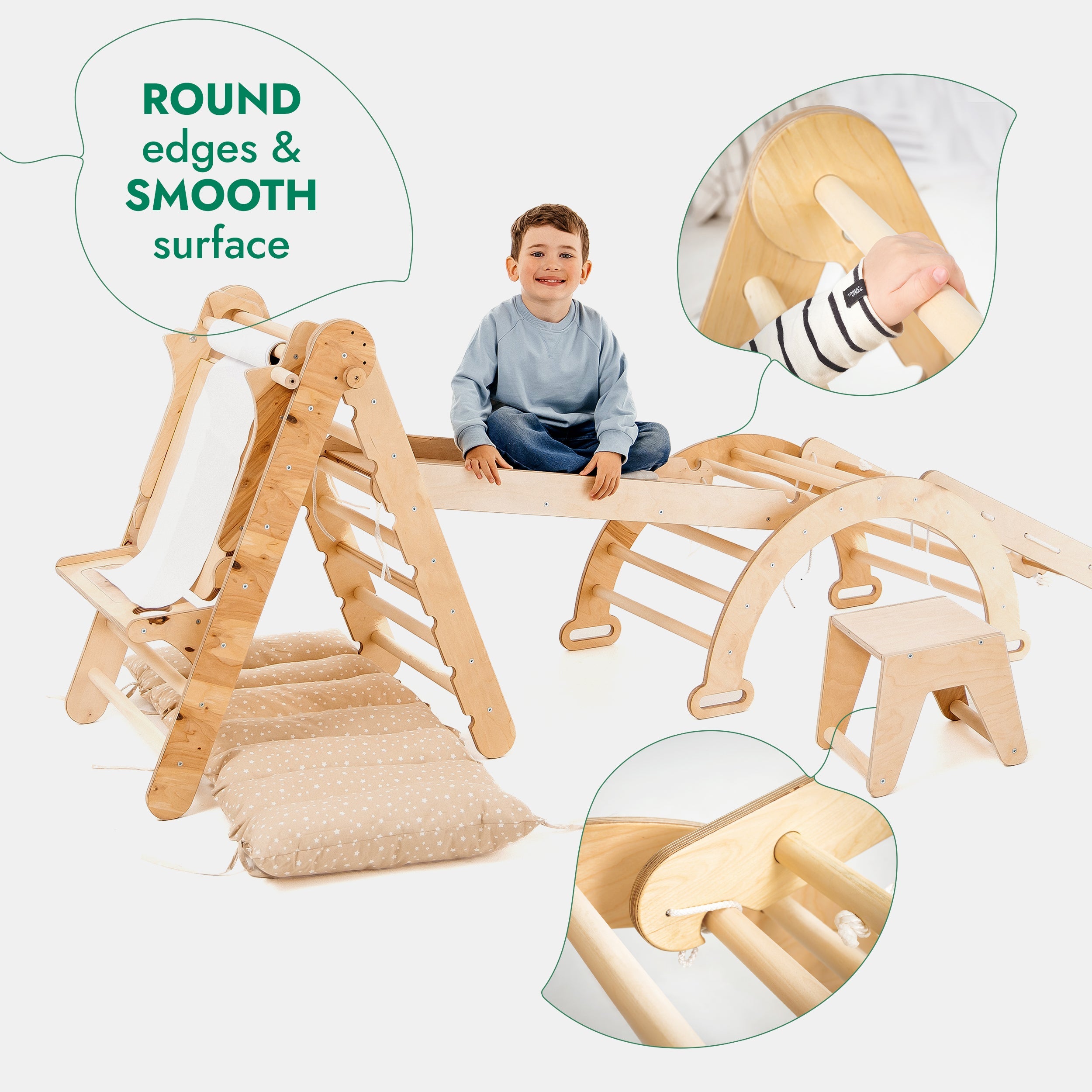 6in1 Montessori Climbing Frame: Pikler Triangle + Climbing Arch + Slide Board + Net + Cushion + Art Addition