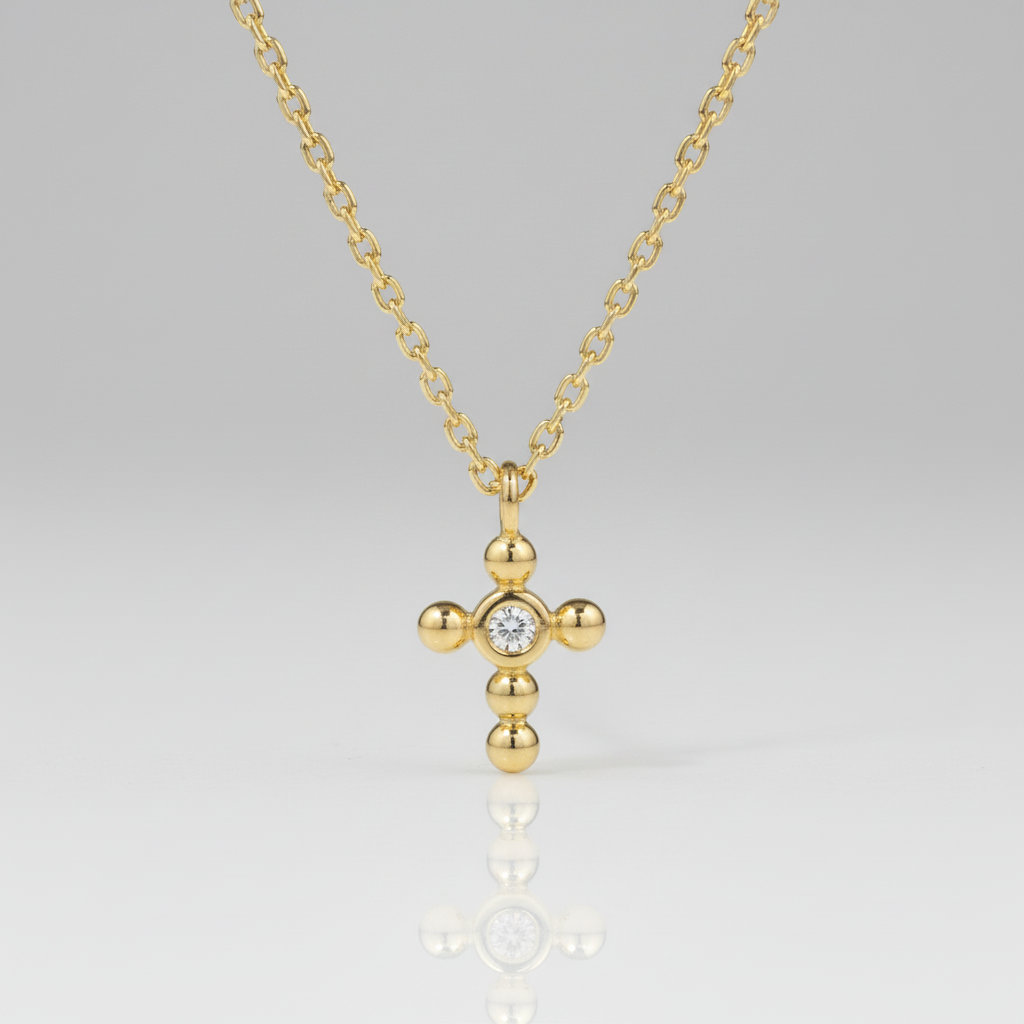 14K Solid Gold Dainty Cross Bezel Setting Diamond Necklace