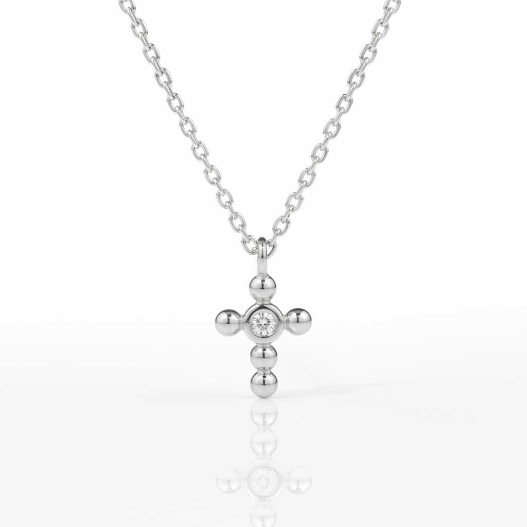 14K Solid Gold Dainty Cross Bezel Setting Diamond Necklace