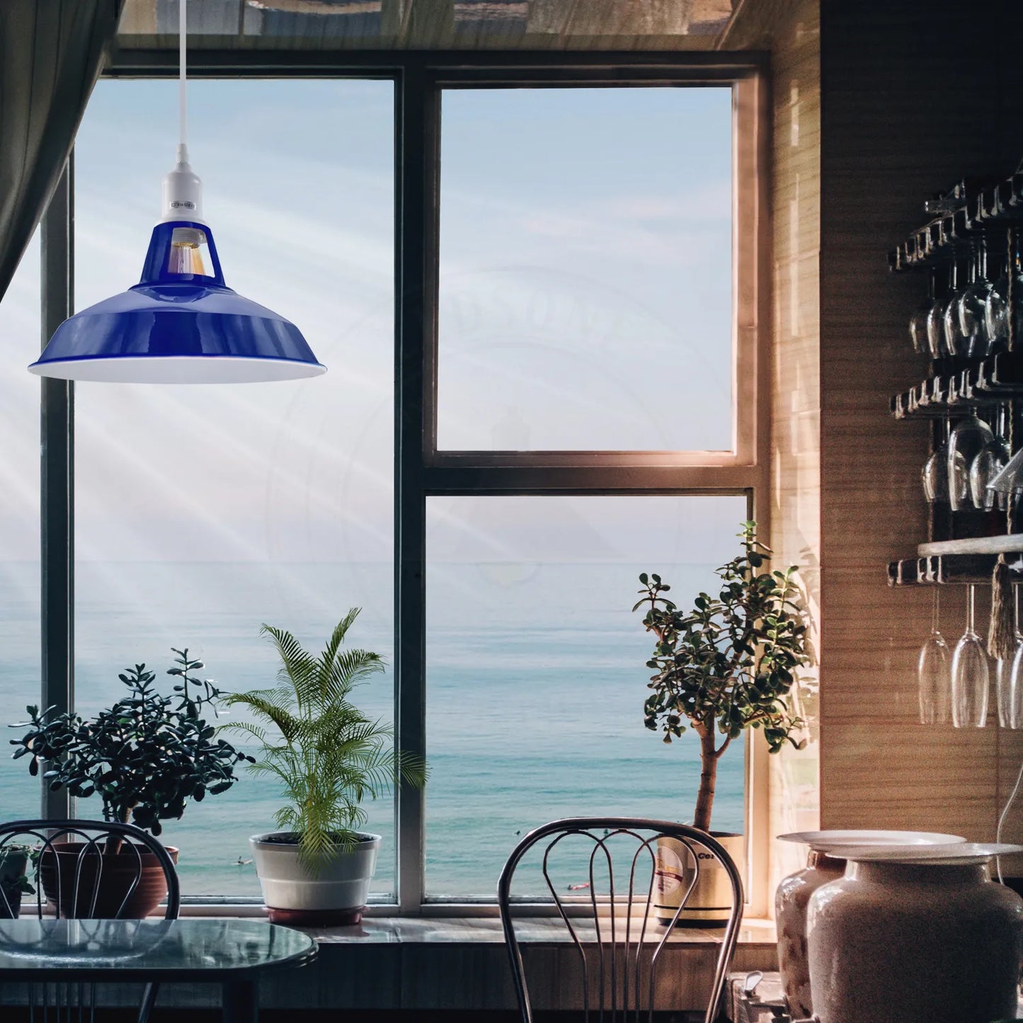 E27 Navy Blue Solid Shade Barn-Slotted Ceiling Pendent Light~4340