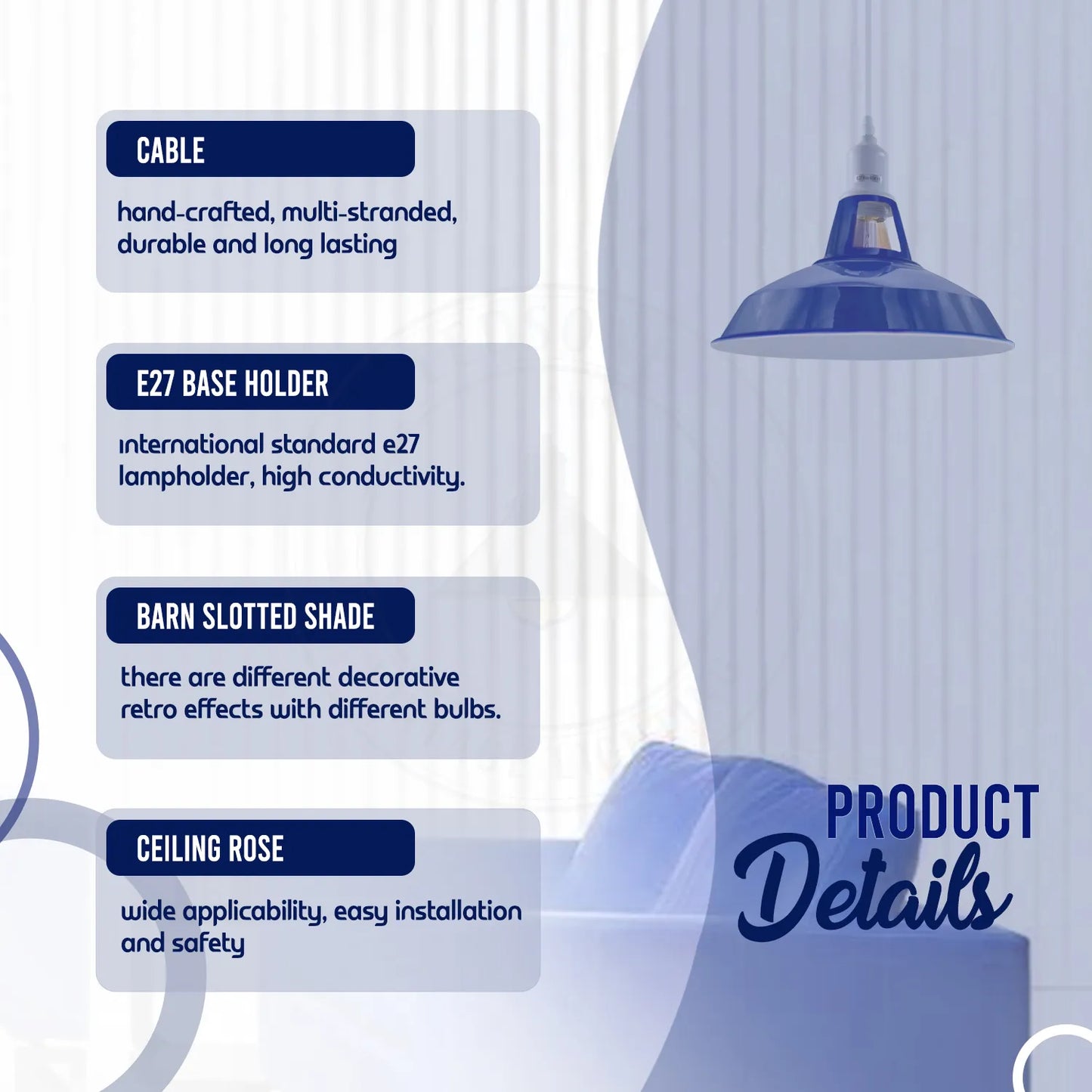 E27 Navy Blue Solid Shade Barn-Slotted Ceiling Pendent Light~4340