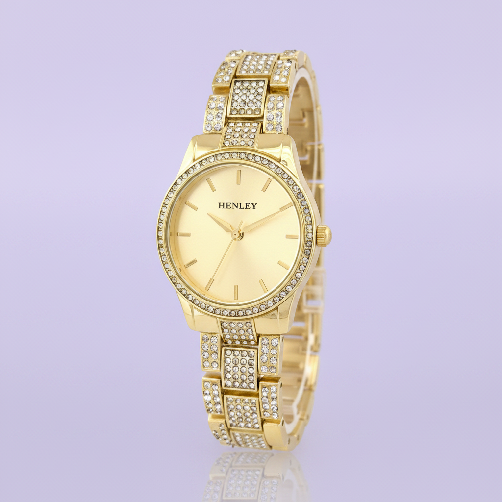 Henley Ladies Fashion Bling Gold Dial & Gold Diamante Bracelet Watch and Presentation Gift Box