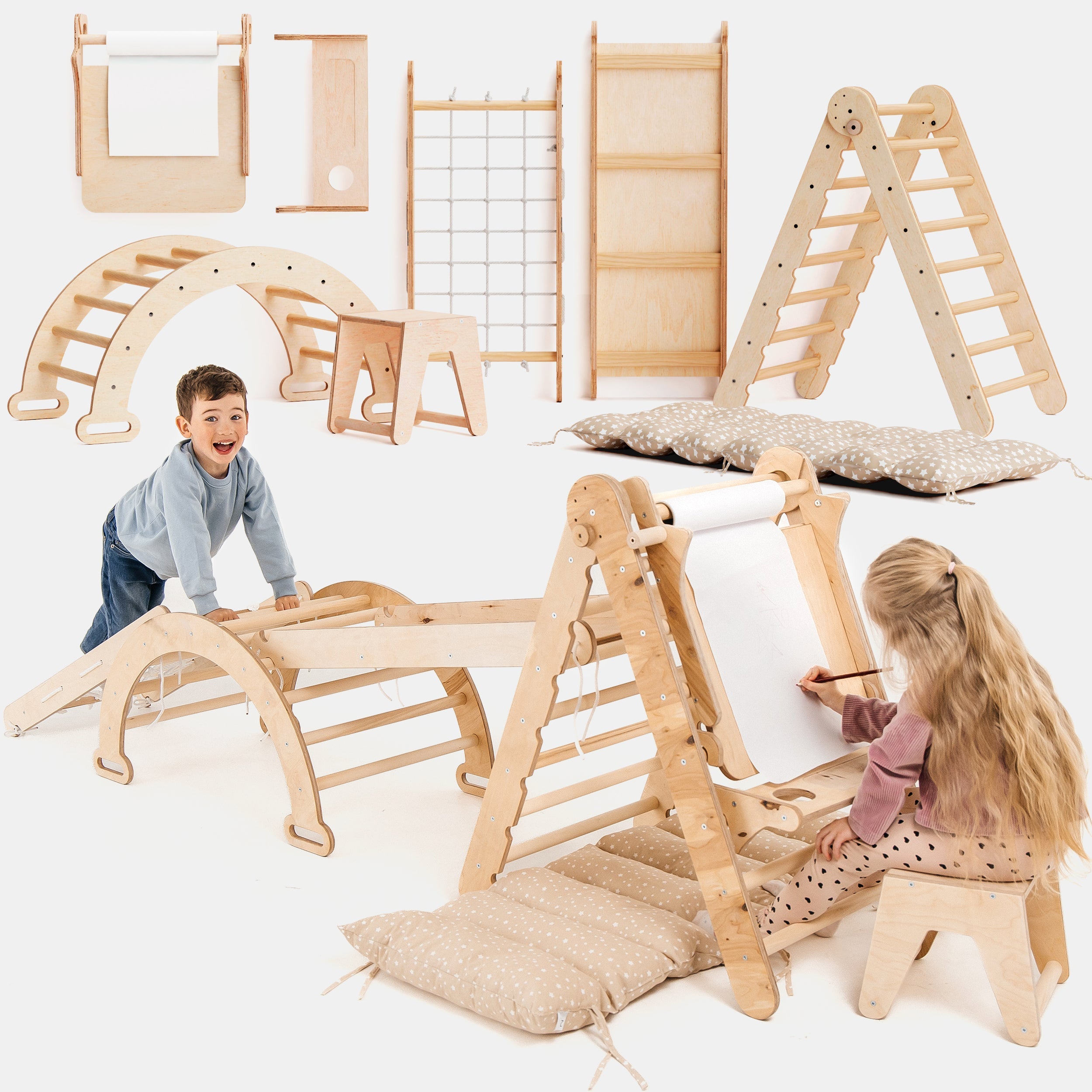 6in1 Montessori Climbing Frame: Pikler Triangle + Climbing Arch + Slide Board + Net + Cushion + Art Addition