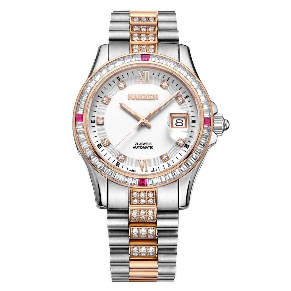 NAKZEN Men Japan NH35 Movement Automatic Mechanical Diamond Stainless Steel Bracelet Watches Relogio Masculino 6013