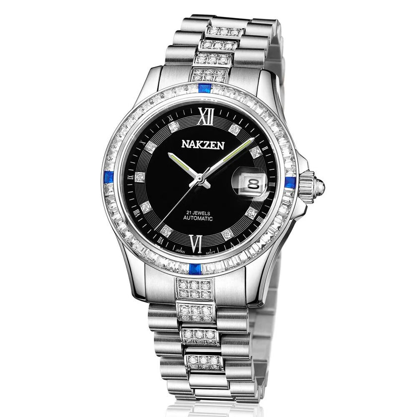 NAKZEN Men Japan NH35 Movement Automatic Mechanical Diamond Stainless Steel Bracelet Watches Relogio Masculino 6013