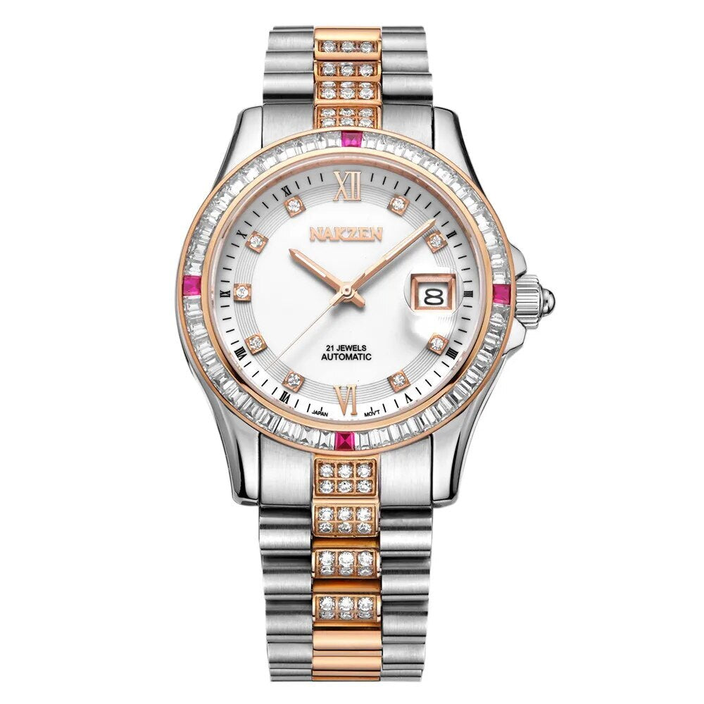 NAKZEN Men Japan NH35 Movement Automatic Mechanical Diamond Stainless Steel Bracelet Watches Relogio Masculino 6013