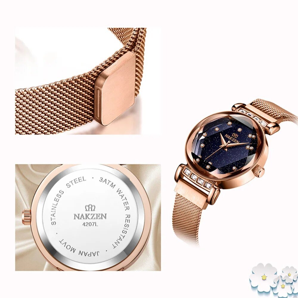NAKZEN Women Diamond Elegant Starry Sky Watches Ladies Creative Roman Fashion Waterproof Quartz