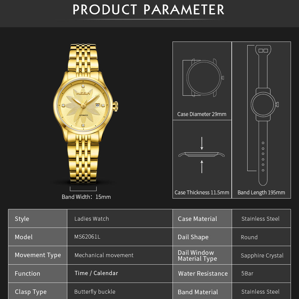 MEGIR Fashion Casual Watch for Women Sapphire Crystal Mechanical Stainless Steel