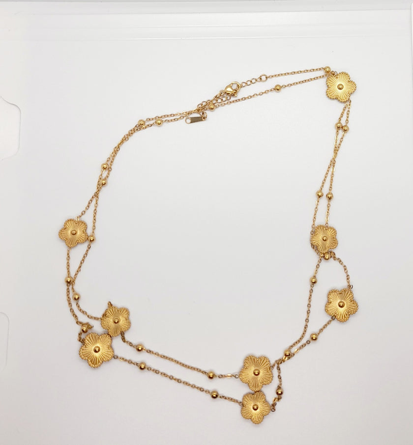 Layered Chain 18K Gold Plated Beaded Ball Flower Clover Necklace Charm 38 Inch