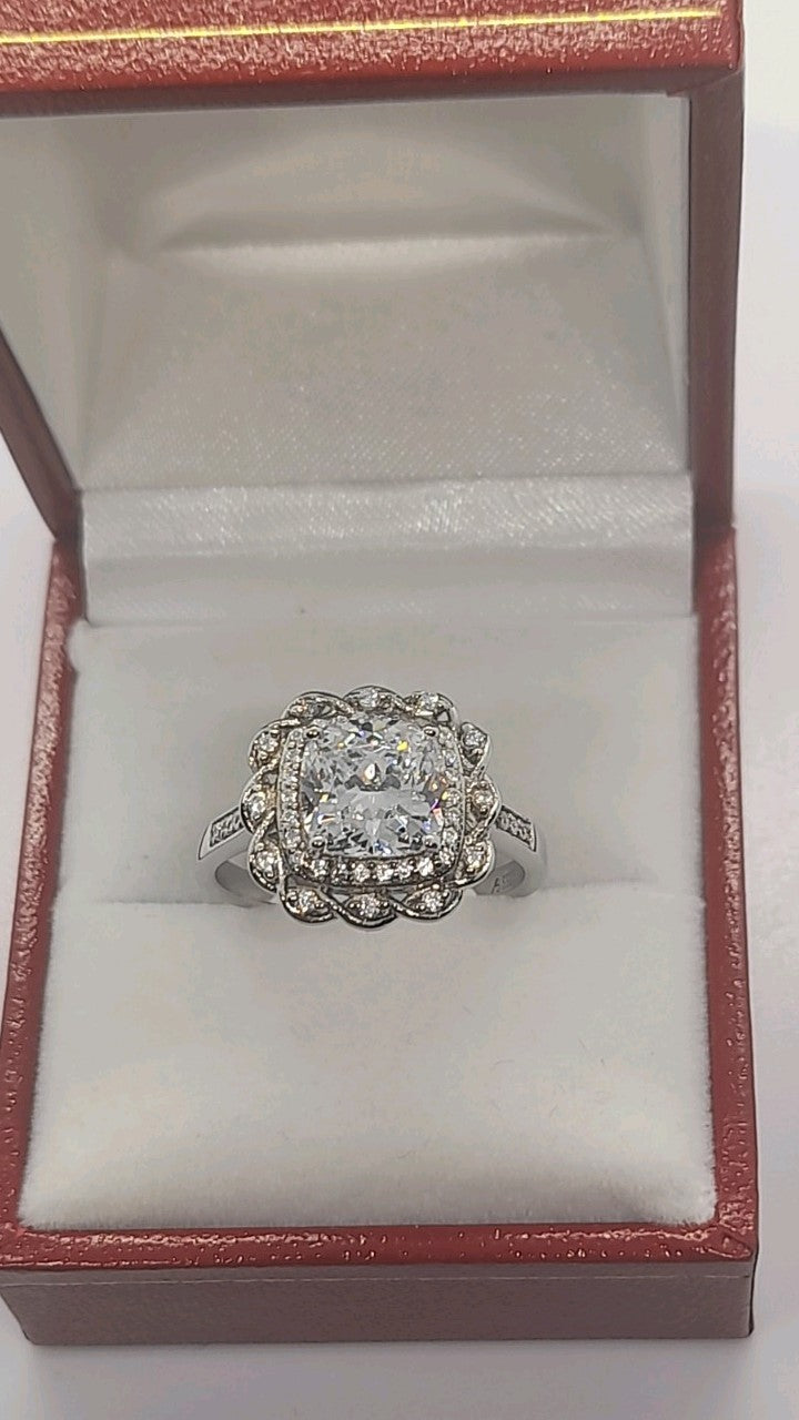 2CT Cushion Shape Crystal Aurora Borealis Halo Ring Solid Rhodium Plated 4.2 g