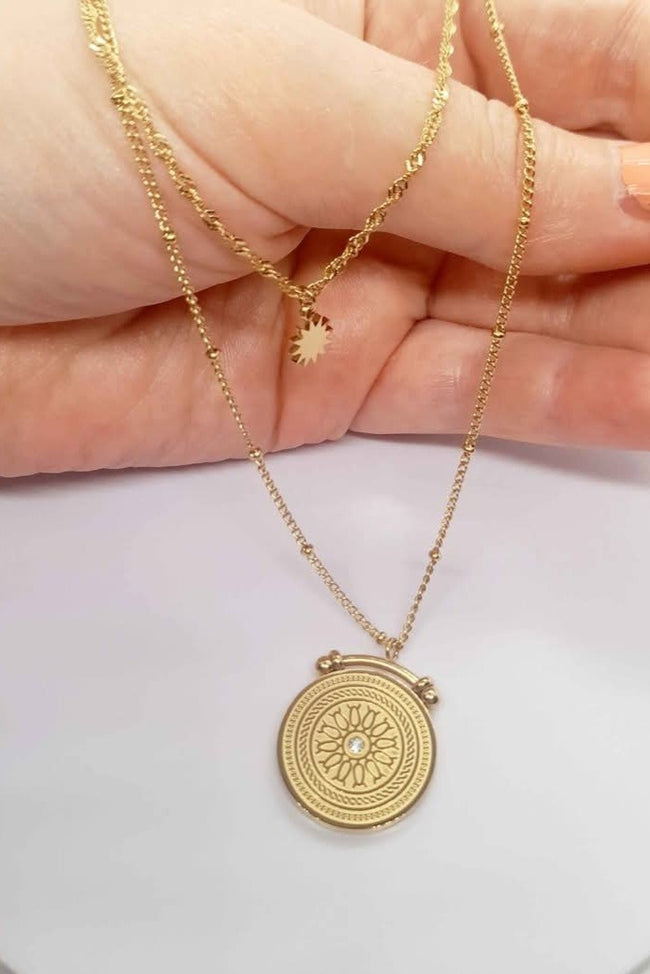 Vintage Roman Compass Medalion  Pendant Star two layers Necklace 18 K Yellow...