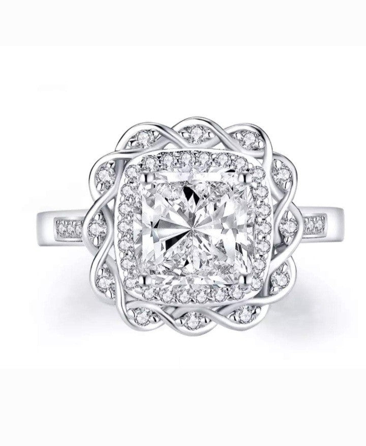 2CT Cushion Shape Crystal Aurora Borealis Halo Ring Solid Rhodium Plated 4.2 g