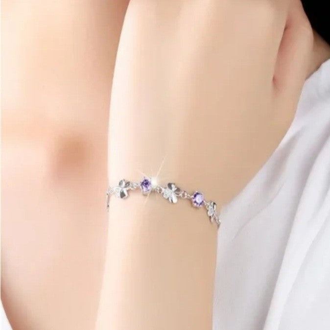 Lucky Clover Sparkling Diamente 925 Sterling Silver Polished Platinum Bracelet
