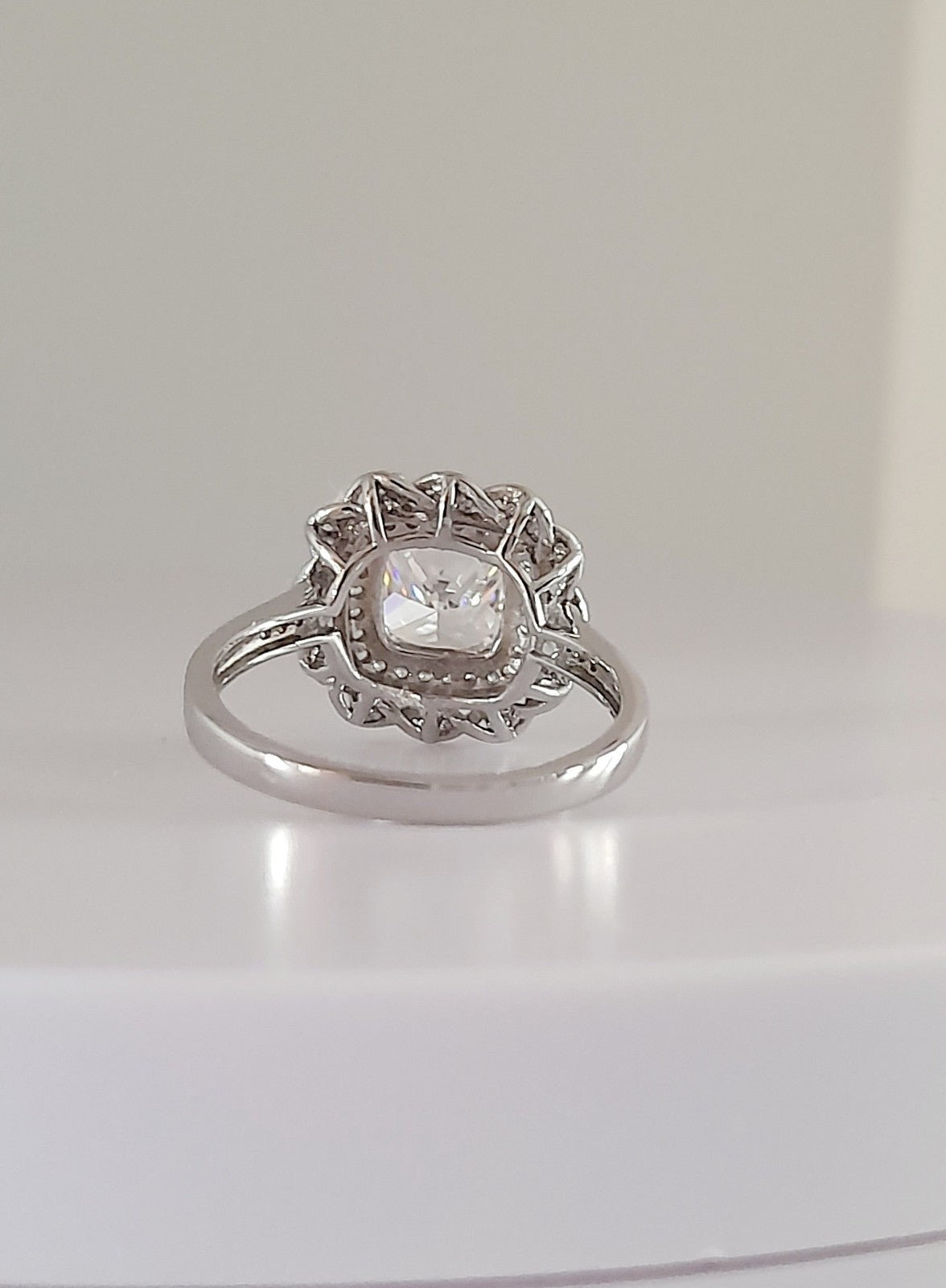 2CT Cushion Shape Crystal Aurora Borealis Halo Ring Solid Rhodium Plated 4.2 g