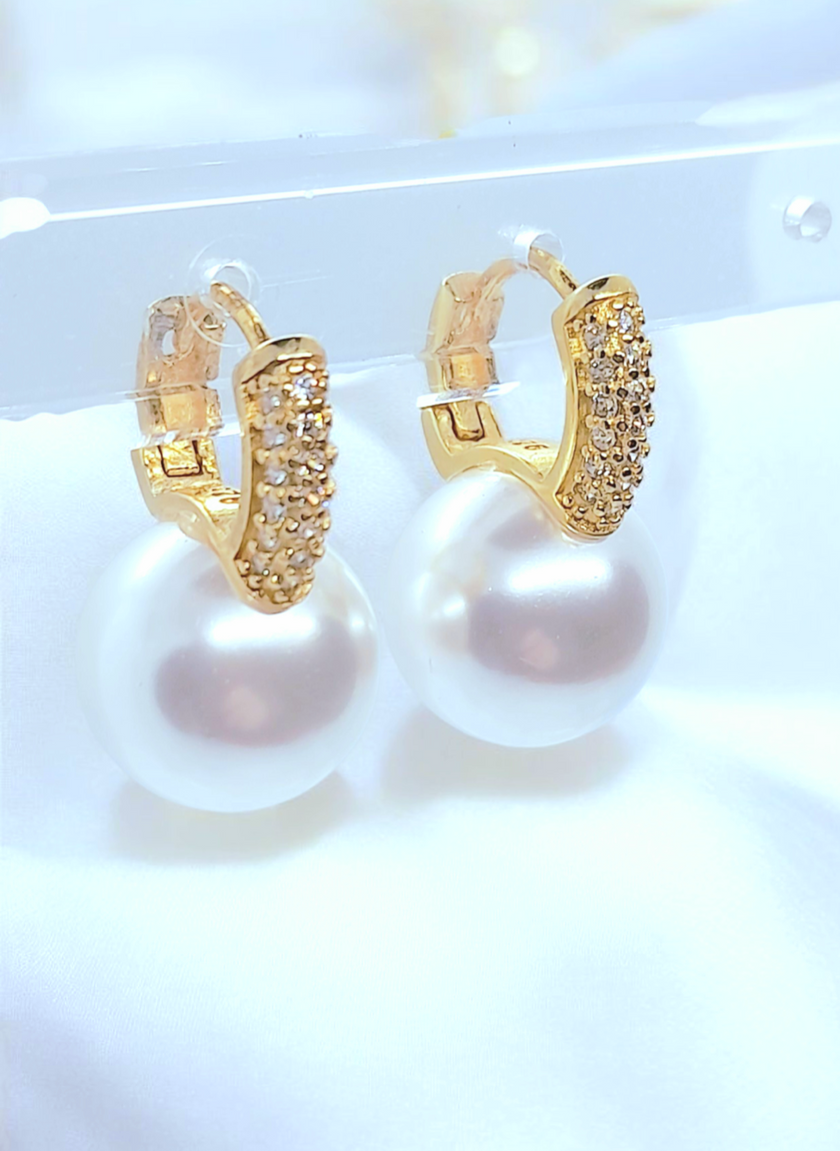 925 Sterling Silver Large Faux Pearl Earrings Hoops Yellow Gold Tone