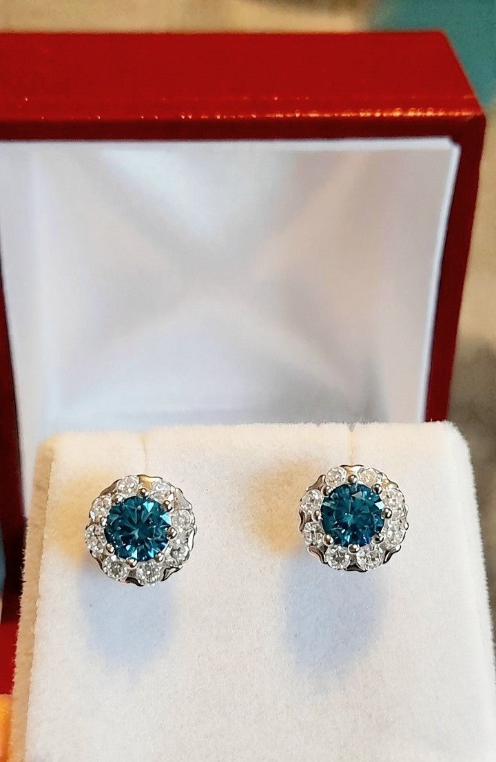 Blue Green Ocean Natural Briliance Cluster Ring Earrings 14 Ct White Gold