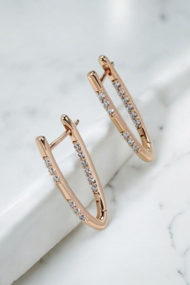 Rolled RG 585 Rose Gold  White Zirconia Earrings Hoops English Lock