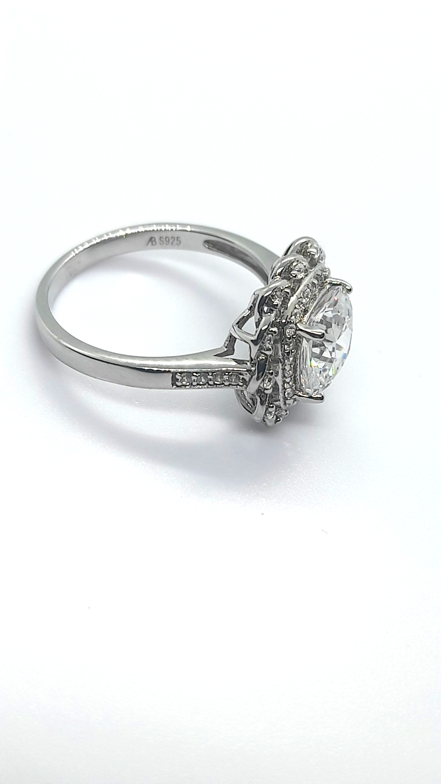 2CT Cushion Shape Crystal Aurora Borealis Halo Ring Solid Rhodium Plated 4.2 g
