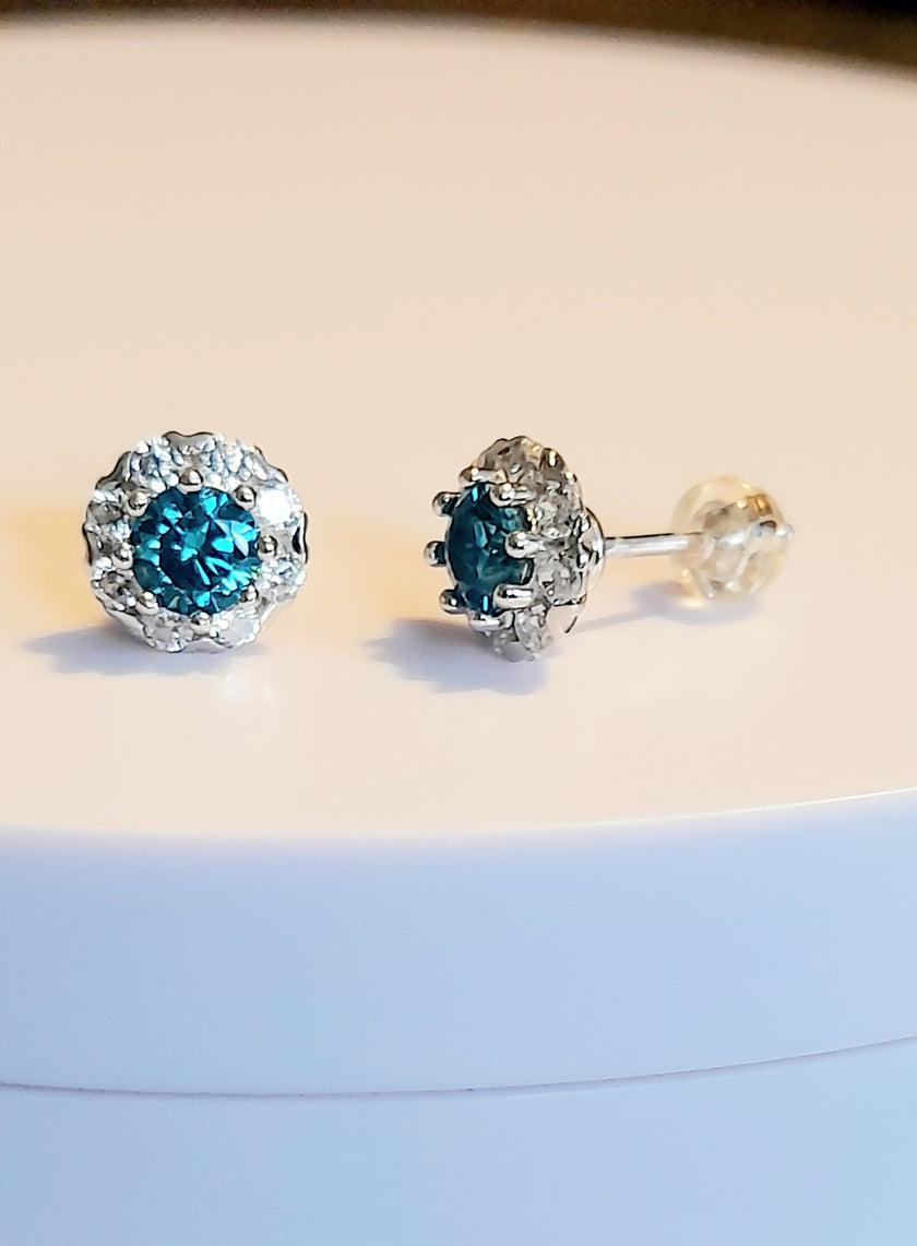 Blue Green Ocean Natural Briliance Cluster Ring Earrings 14 Ct White Gold