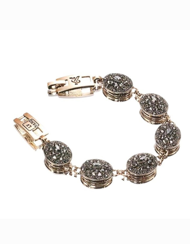 Vintage Art DECO Marcasite Style Crystals Antic Gold Colour Bracelet gift 19cm
