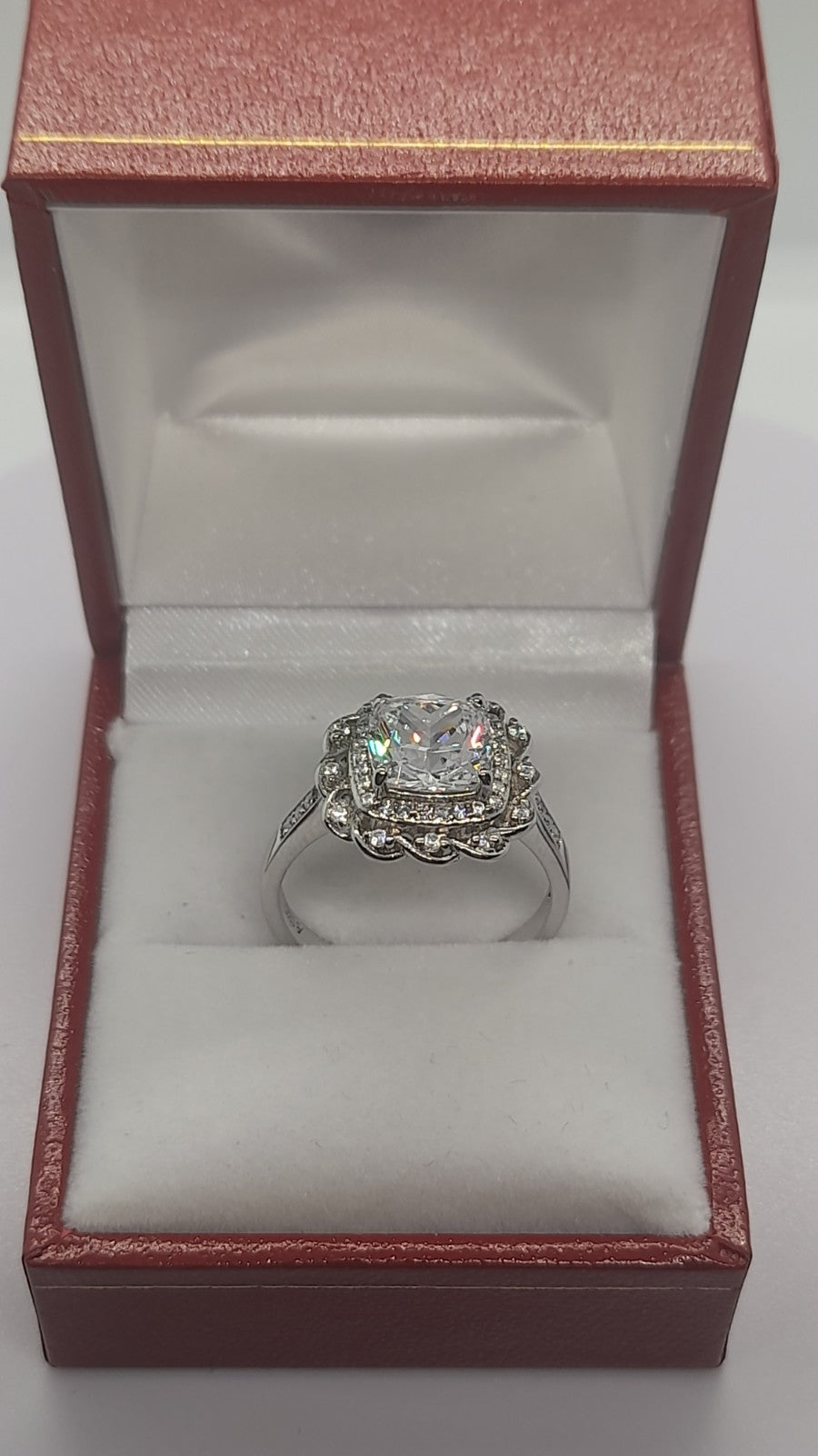 2CT Cushion Shape Crystal Aurora Borealis Halo Ring Solid Rhodium Plated 4.2 g