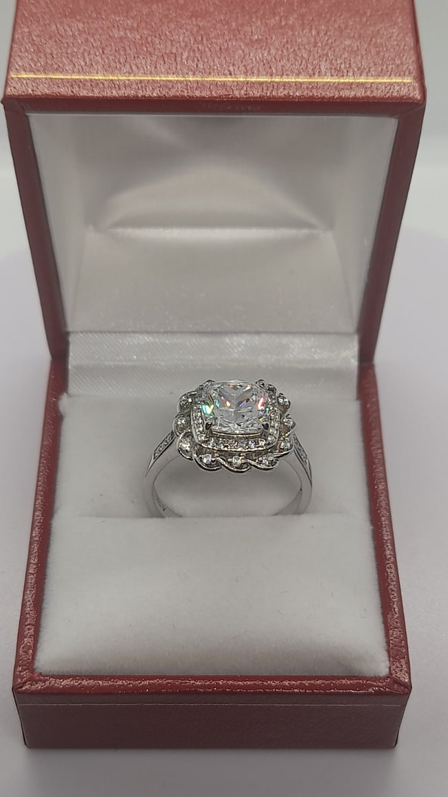 2CT Cushion Shape Crystal Aurora Borealis Halo Ring Solid Rhodium Plated 4.2 g