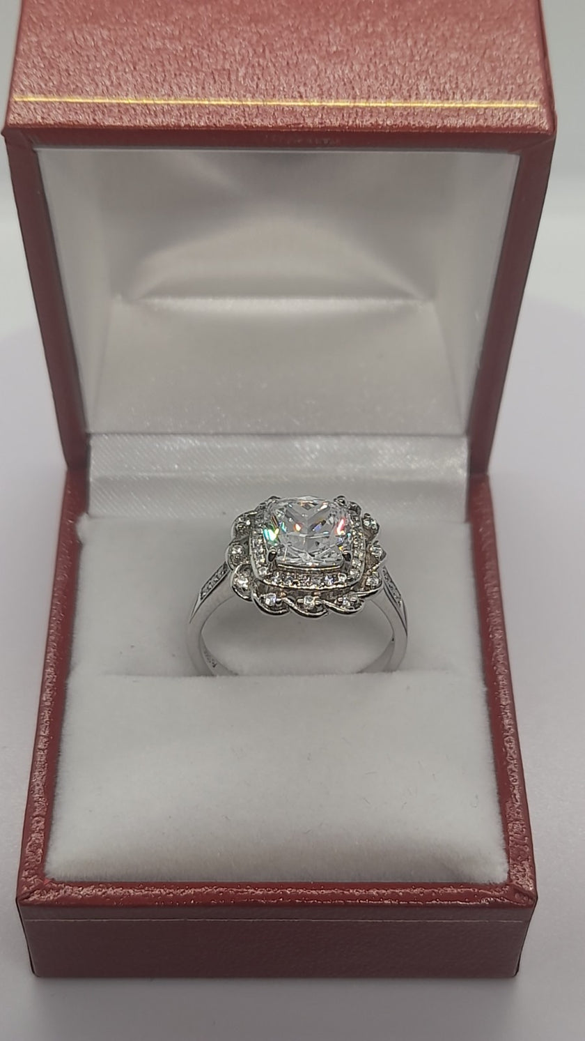 2CT Cushion Shape Crystal Aurora Borealis Halo Ring Solid Rhodium Plated 4.2 g