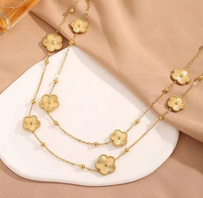 Layered Chain 18K Gold Plated Beaded Ball Flower Clover Necklace Charm 38 Inch