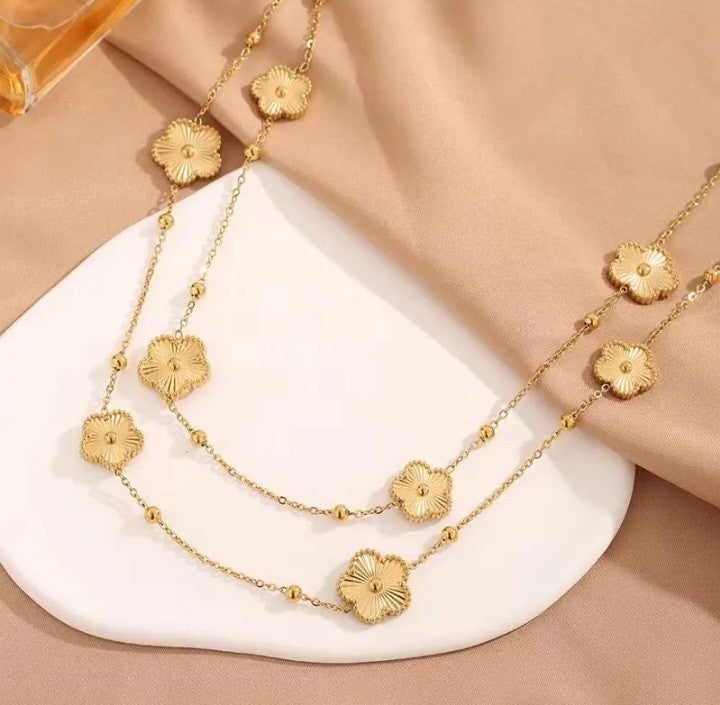 Layered Chain 18K Gold Plated Beaded Ball Flower Clover Necklace Charm 38 Inch