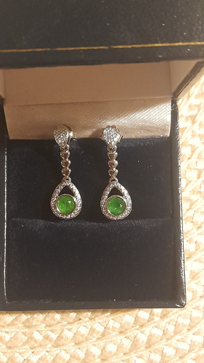 Genuine Chrome Diopside Heart Charm Dangle Stud 925 Sterling Silver Rhodium Ov