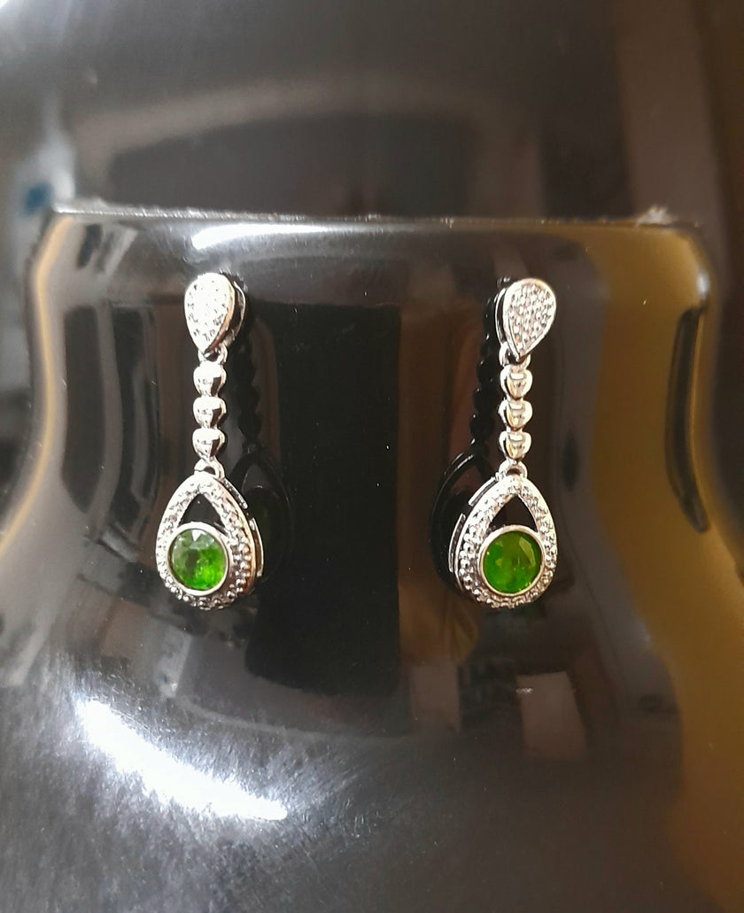 Genuine Chrome Diopside Heart Charm Dangle Stud 925 Sterling Silver Rhodium Ov