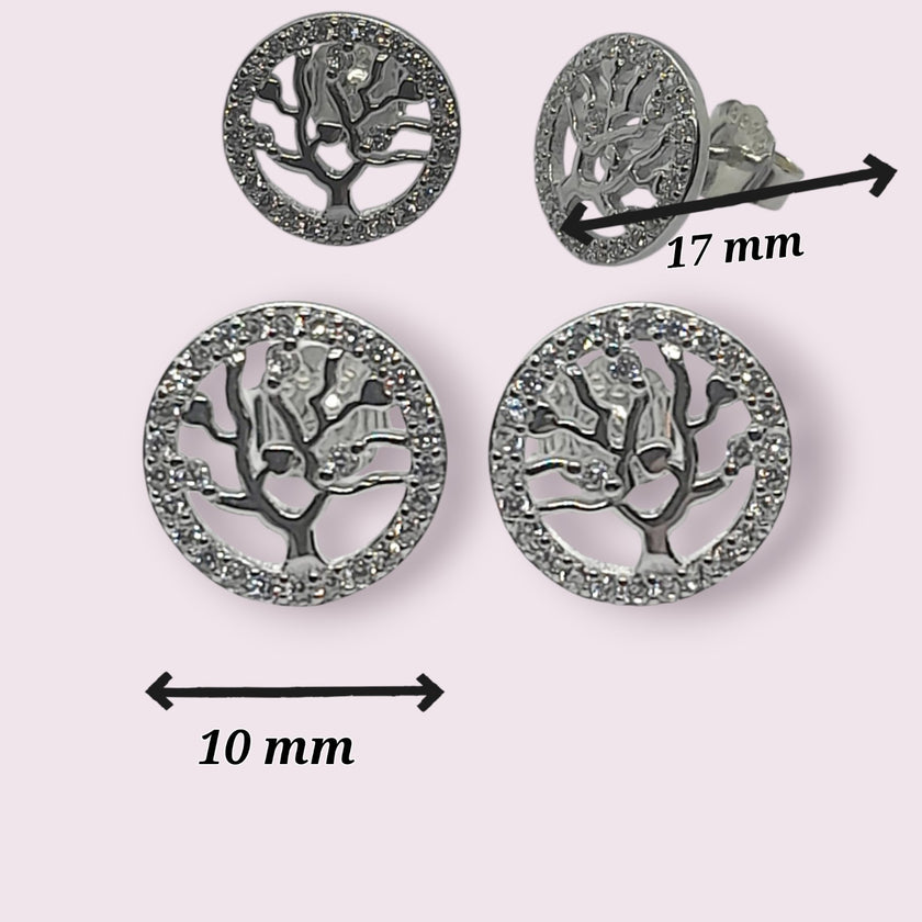 925 Sterling Silver  FamilyTree Pendant Necklace Earrings Stud Set  Rhodium Plat