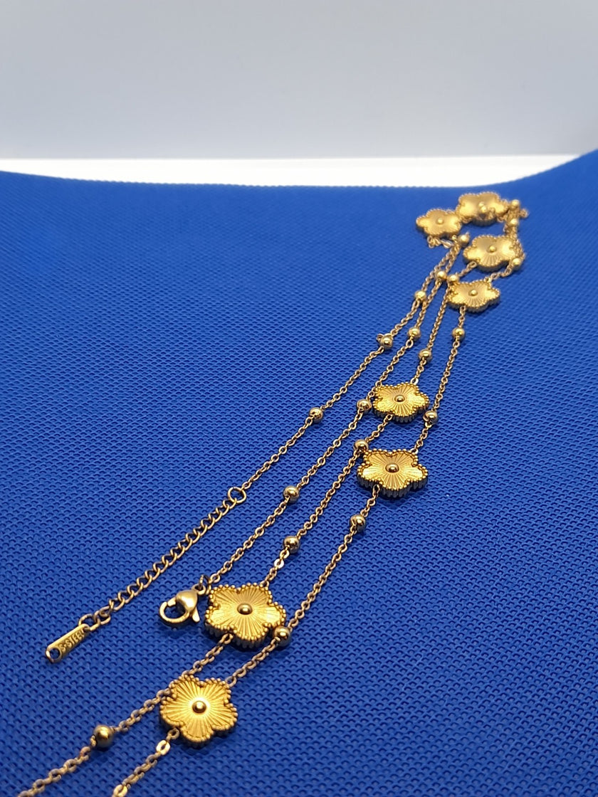 Layered Chain 18K Gold Plated Beaded Ball Flower Clover Necklace Charm 38 Inch