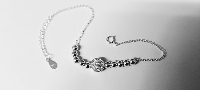 Sparkling Zircon Charm Bead  Ball's  Chain Bracelet 925 Sterling Silver In Pouch