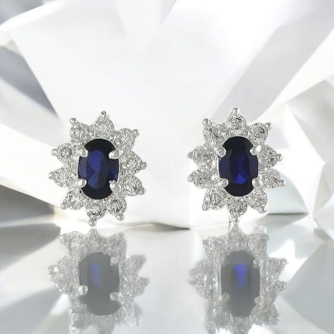 Princess Diana Style Blue Simulated Sapphire Zircon 11 MM Earrings  925 Silver 