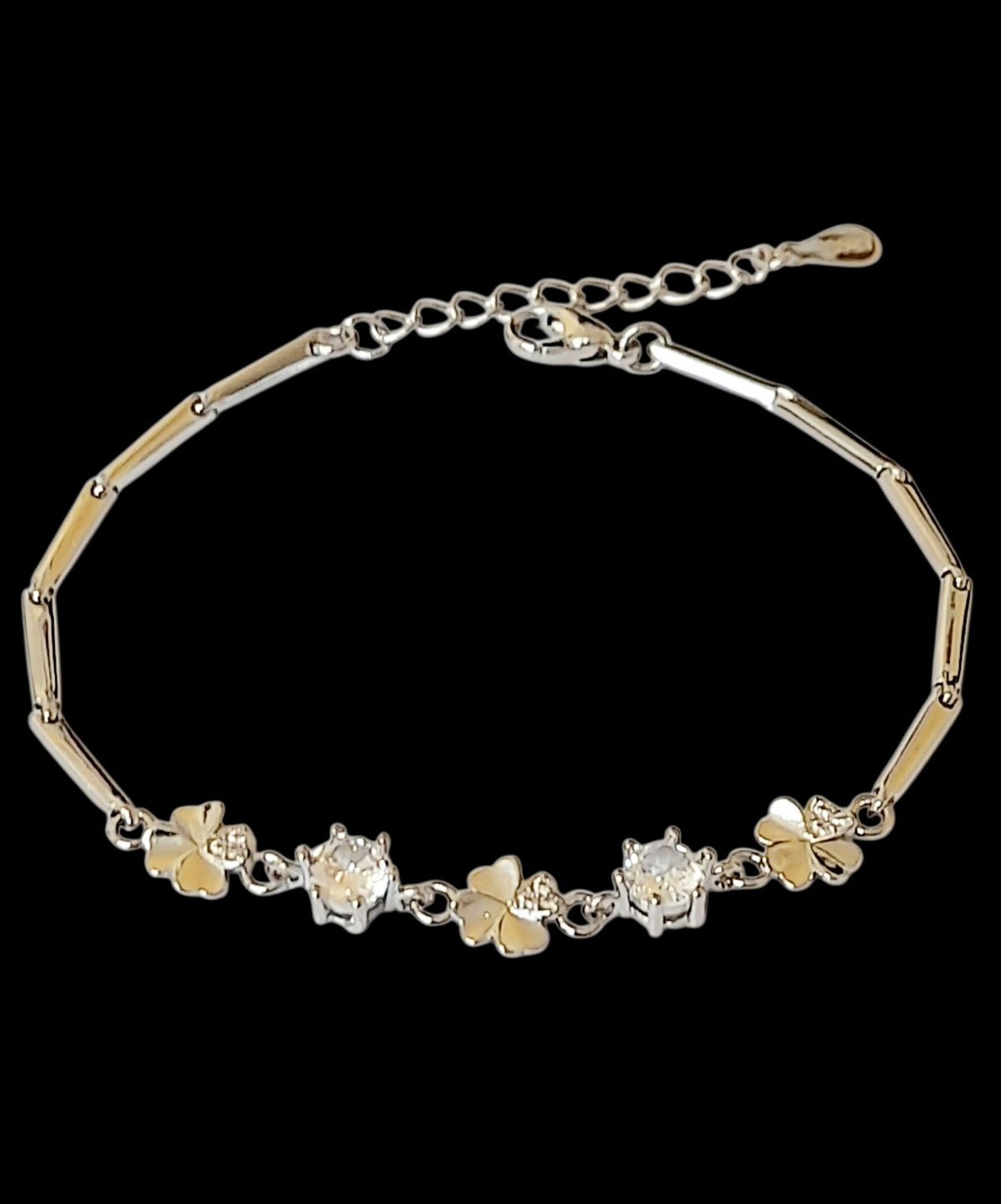 Lucky Clover Sparkling Diamente 925 Sterling Silver Polished Platinum Bracelet