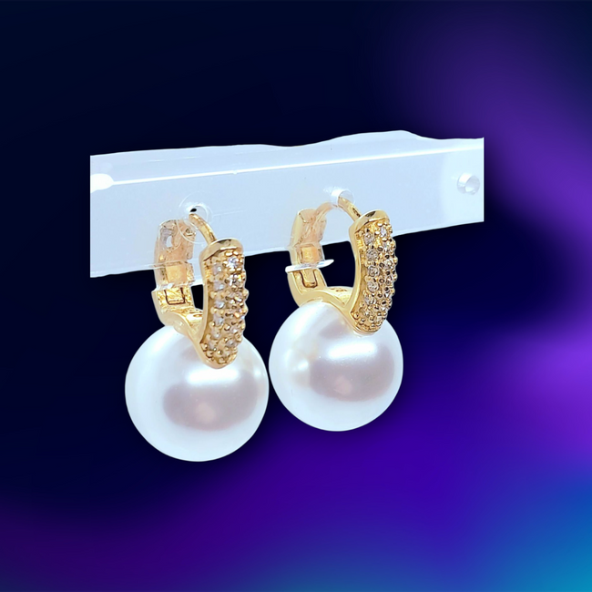 925 Sterling Silver Large Faux Pearl Earrings Hoops Yellow Gold Tone
