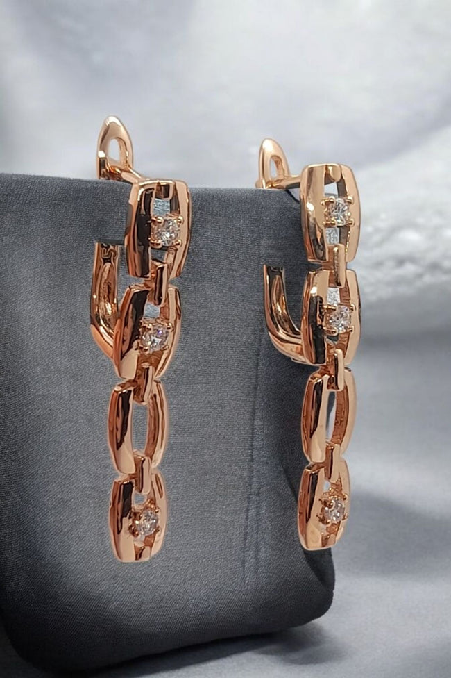 Rolled RG 585 Rose Gold  White Zirconia Earrings Hoops English Lock