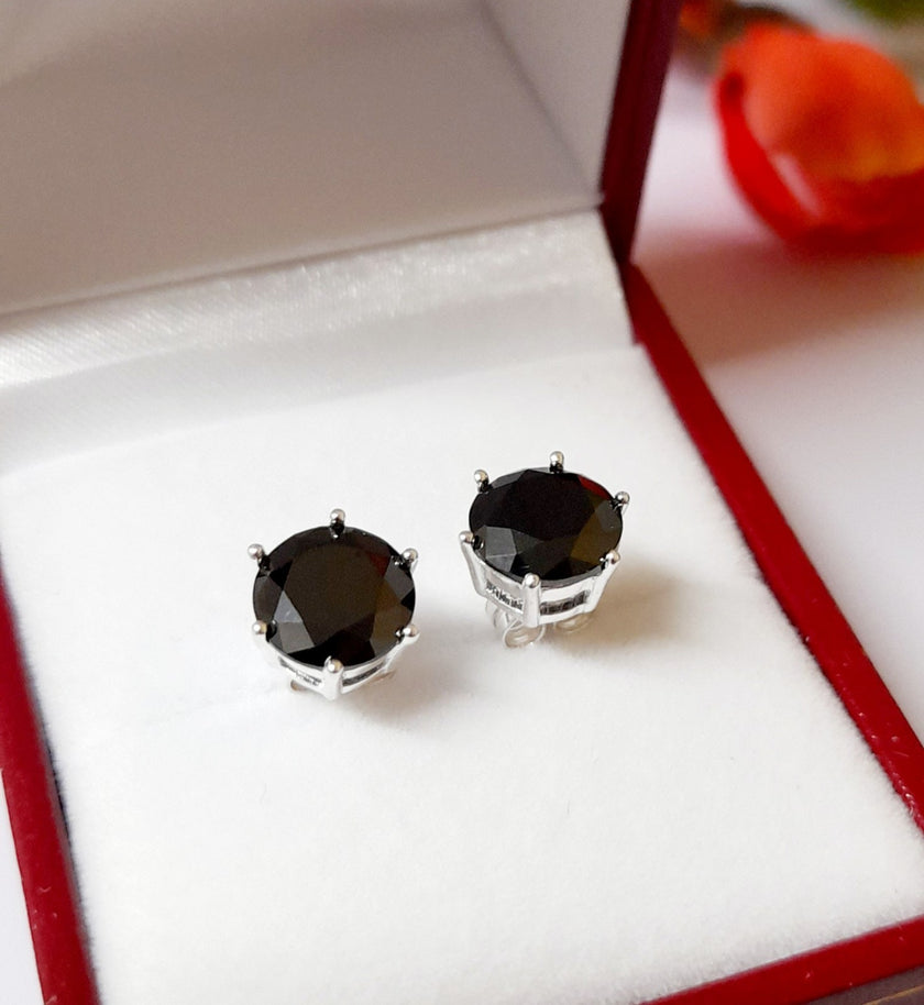 Black Simulated Agate 8 Mm, 7 Mm White Gold Plated 925 Sterling Silver Earrings 
