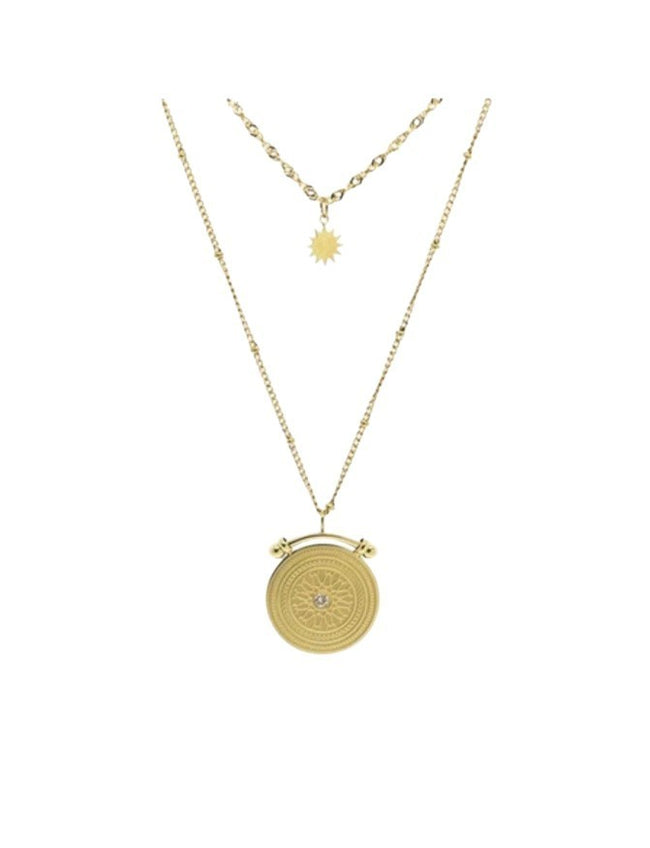 Vintage Roman Compass Medalion  Pendant Star two layers Necklace 18 K Yellow...