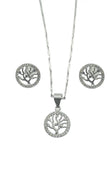 925 Sterling Silver  FamilyTree Pendant Necklace Earrings Stud Set  Rhodium Plat