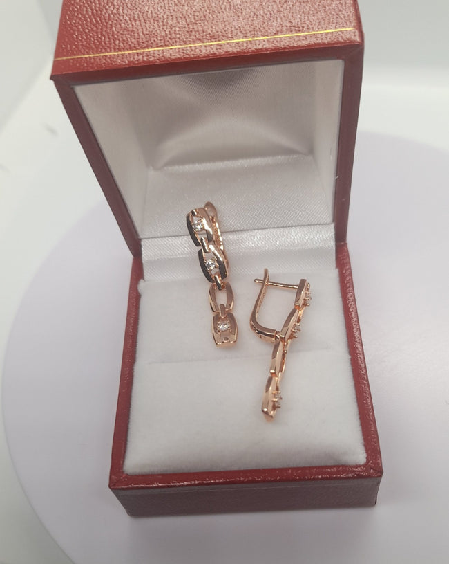 Rolled RG 585 Rose Gold  White Zirconia Earrings Hoops English Lock