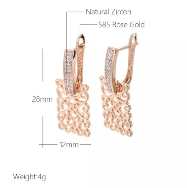 Rolled RG 585 Rose Gold  White Zirconia Earrings Hoops English Lock