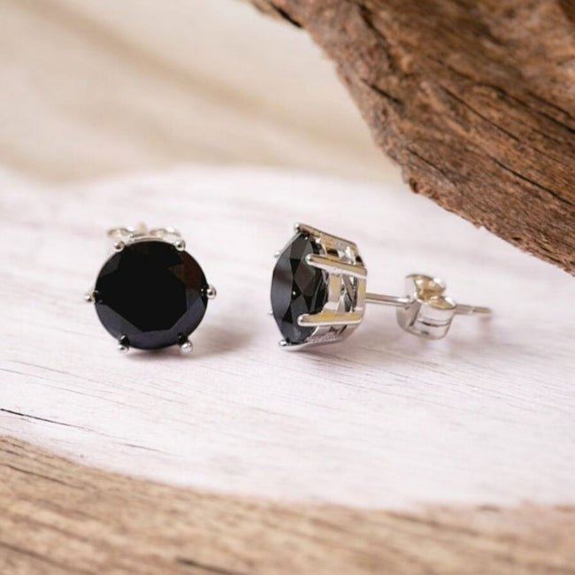 Black Simulated Agate 8 Mm, 7 Mm White Gold Plated 925 Sterling Silver Earrings 