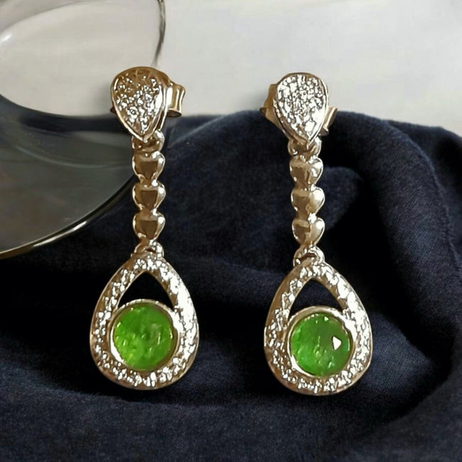Genuine Chrome Diopside Heart Charm Dangle Stud 925 Sterling Silver Rhodium Ov
