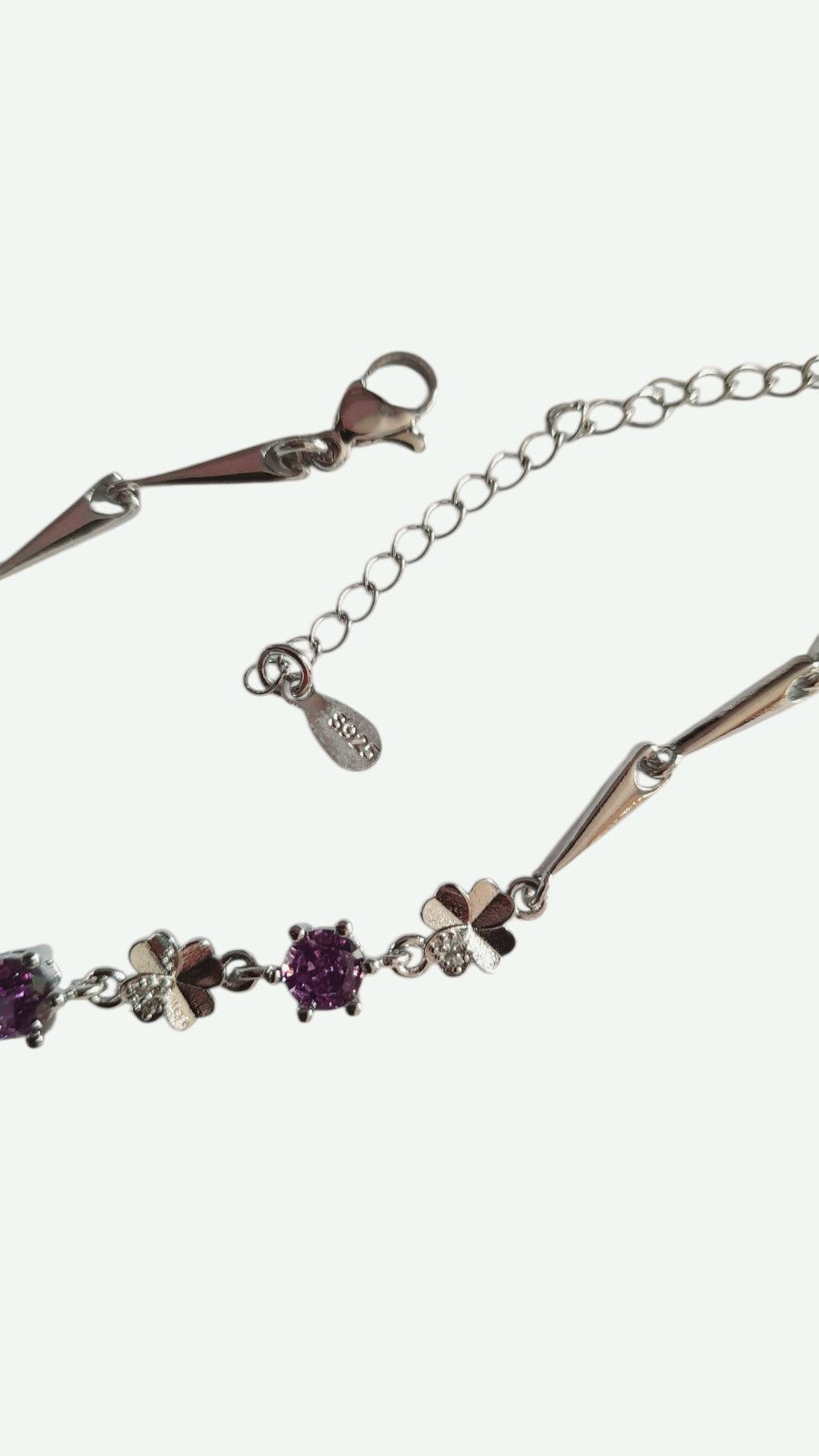Lucky Clover Sparkling Diamente 925 Sterling Silver Polished Platinum Bracelet